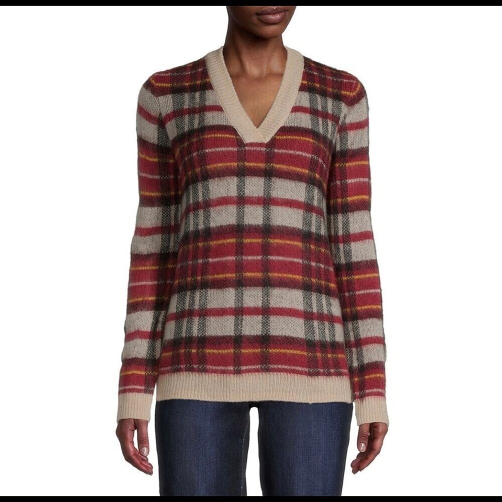 St. John's Bay sweater Women's V Neck Long Sleeve plaid red and gray top SZ MD